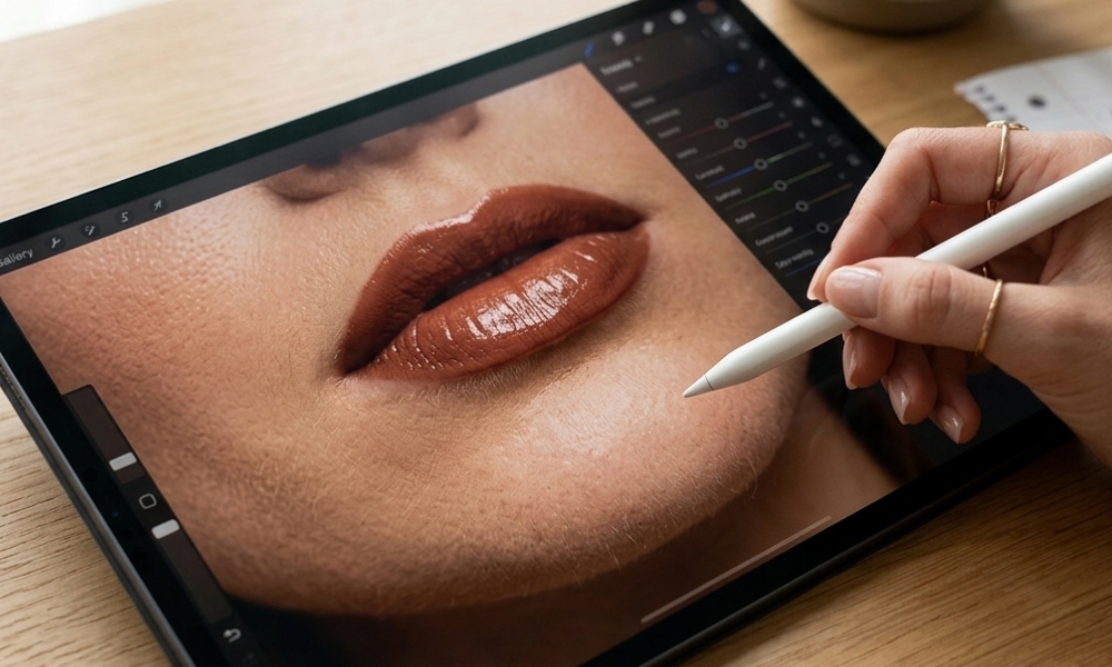 Extreme close-up beauty retouching scene displayed on a tablet screen. The tablet shows a high-resolution macro portrait of a woman's lower face focusing on glossy lips and the chin area. The lips have a rich brown glossy lipstick with natural texture and light reflections. A hand holding a white digital stylus is actively retouching the skin on the chin area on the tablet screen, suggesting professional photo editing. Composition: tight macro framing focused on lips, chin, and stylus interaction with the tablet display. Lighting: soft natural light with gentle highlights on the lips and skin texture, subtle reflections on the glossy lipstick. Skin texture: realistic skin pores, natural imperfections visible, beauty photography detail. Environment: tablet resting on a light wooden desk surface, partial hand holding the device visible. Photography style: macro beauty photography, ultra detailed, sharp focus, shallow depth of field. Camera characteristics: macro lens look, high resolution editorial beauty image, realistic color tones, natural contrast.